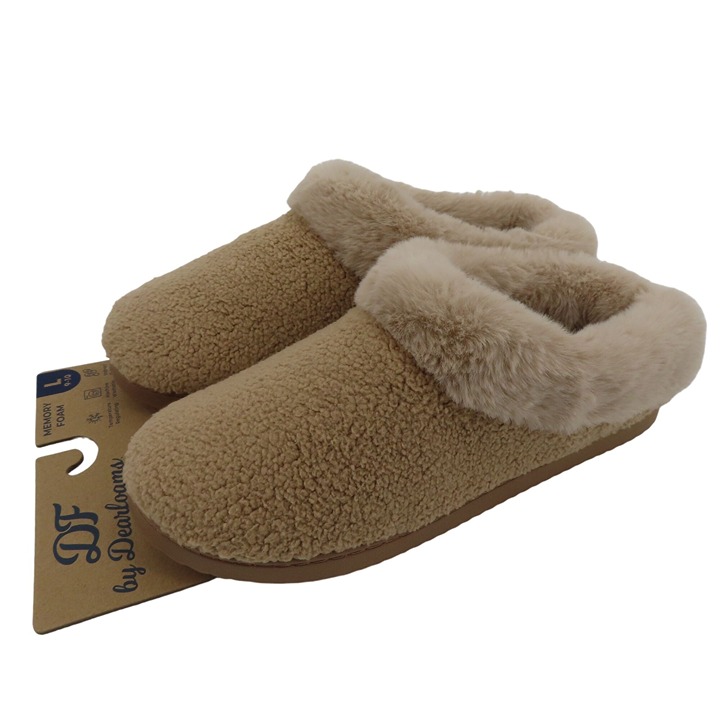 Dearfoams Women Large 9-10 Beige Fuzzy Memory Foam Indoor Outdoor Slippers NEW