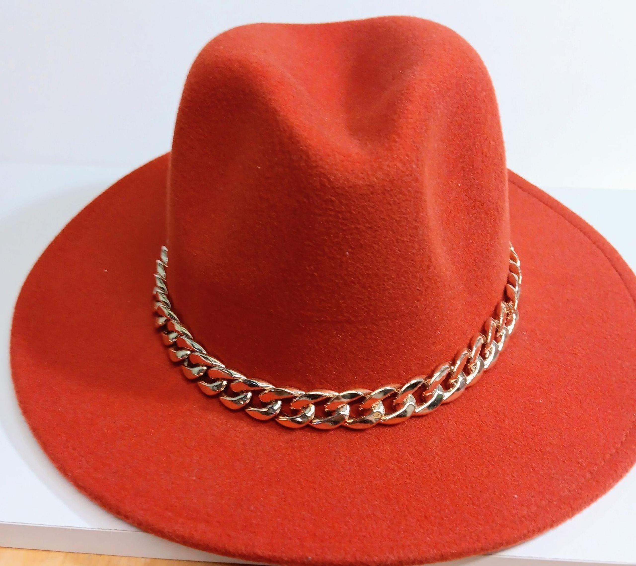 Men Women Felt Fedora Hat Wide Flat Brim with Cuban Chain Trilby Panama Jazz Cap