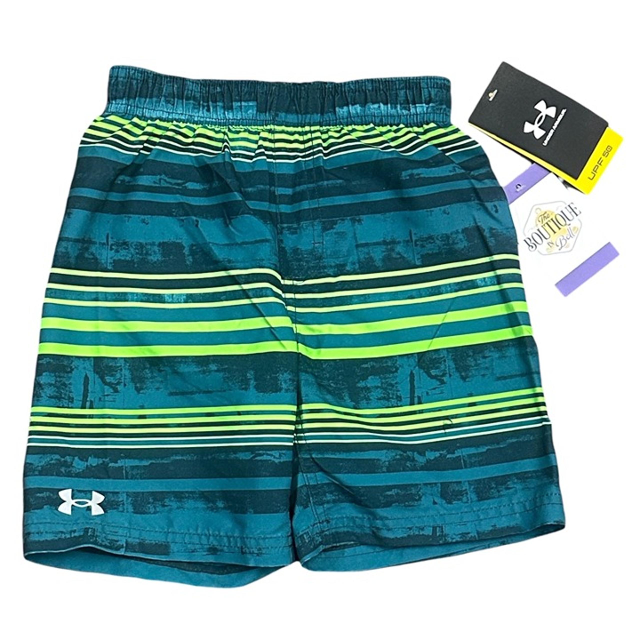 NWT Under Armour Boys UPF 50 Swim Shorts 4T Green And Blue Striped Polyester