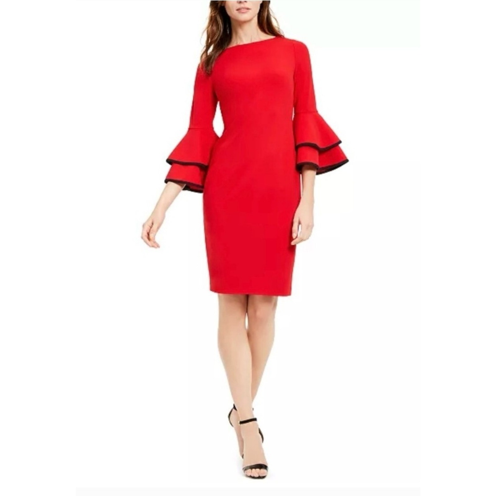 Calvin Klein Red Ruffle Bell Sleeve Knee-length Sheath Dress Business Size 6
