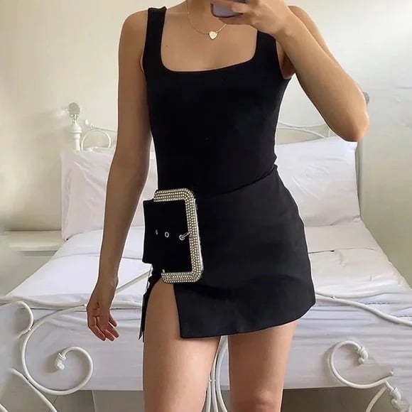 Black Shimmering Crystal Buckle Low Rise Slit Mini Skirt