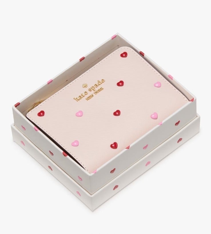 Kate Spade Boxed Madison Heart Studs Small L-Zip Wallet, Powdered Sugar