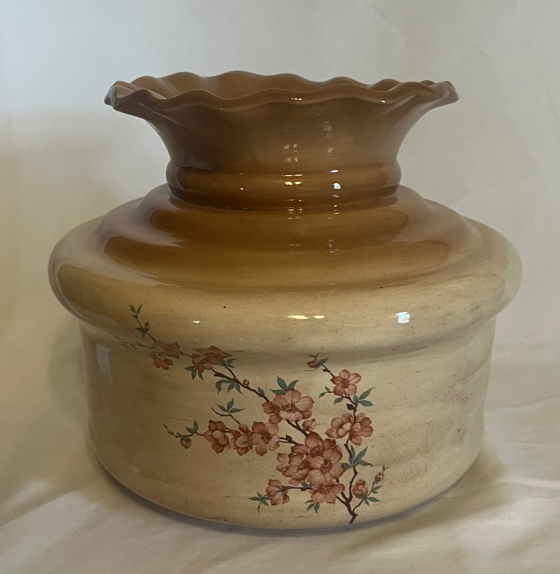 Rare Vintage Ceramic Hurricane Lamp Shade Ruffle Top Beige Pink Dogwood Blossoms