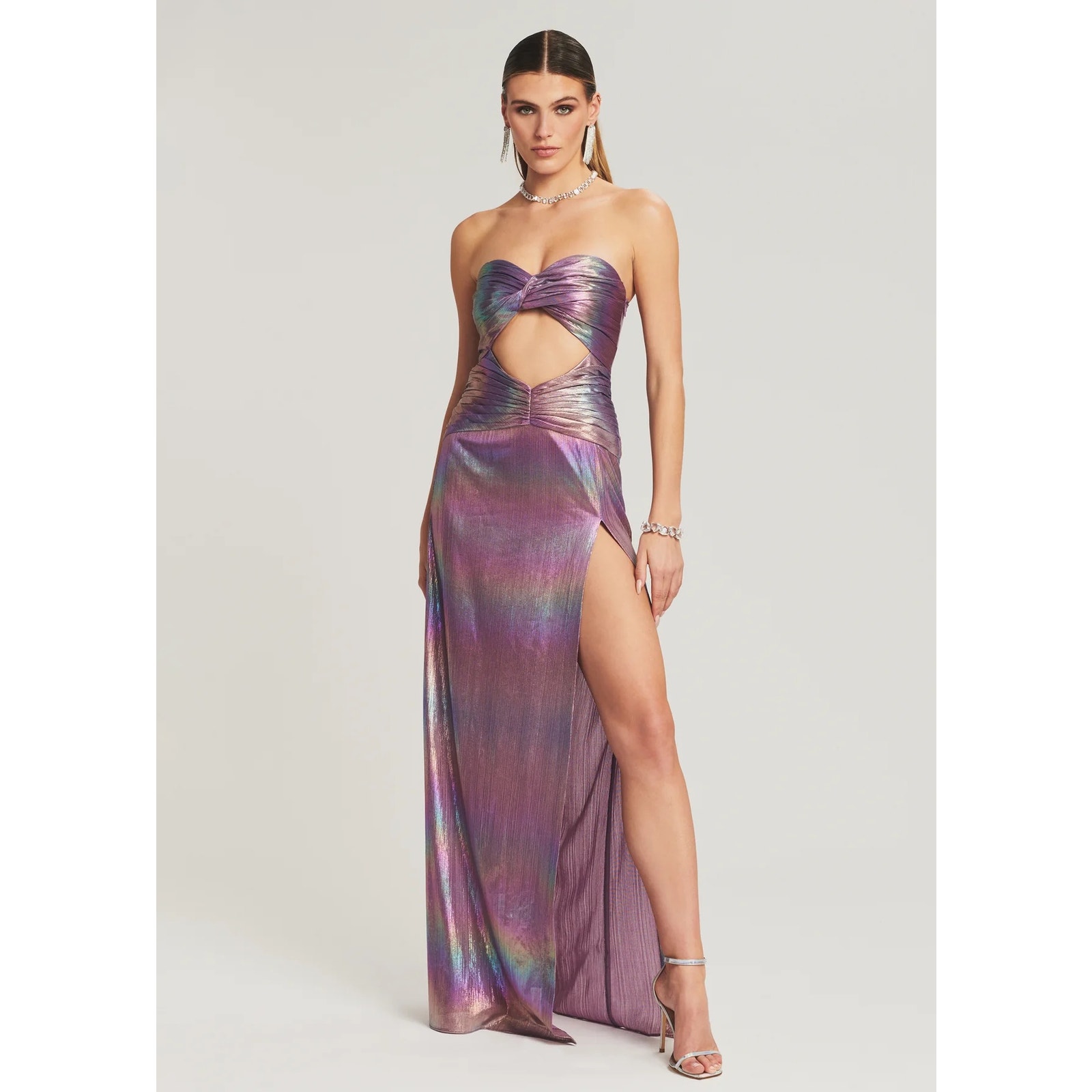 Retrofete Soleil Strapless Maxi Dress XS Twist Front Cut Out Pleated Hi-Slit NWT