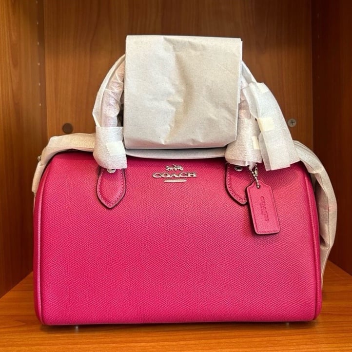 COACH Rowan Satchel Bright Violet Crossgrain Leather & Signature Canvas Strap