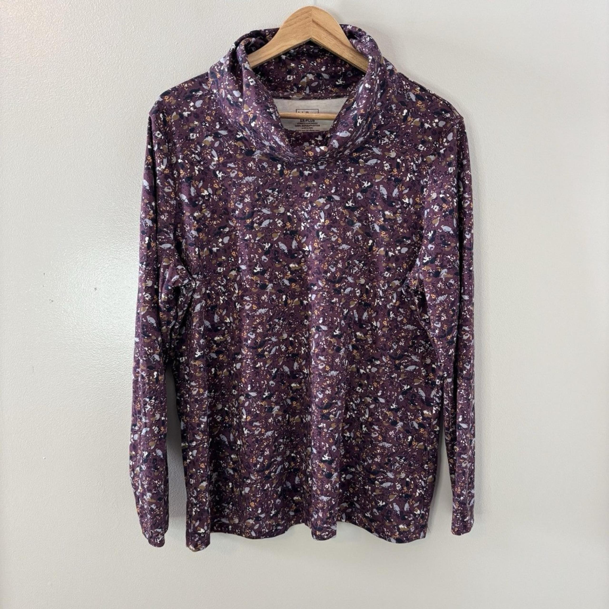 LL Bean Womens Supima Cotton Turtleneck Purple Floral Long Sleeve Top Sz 1X