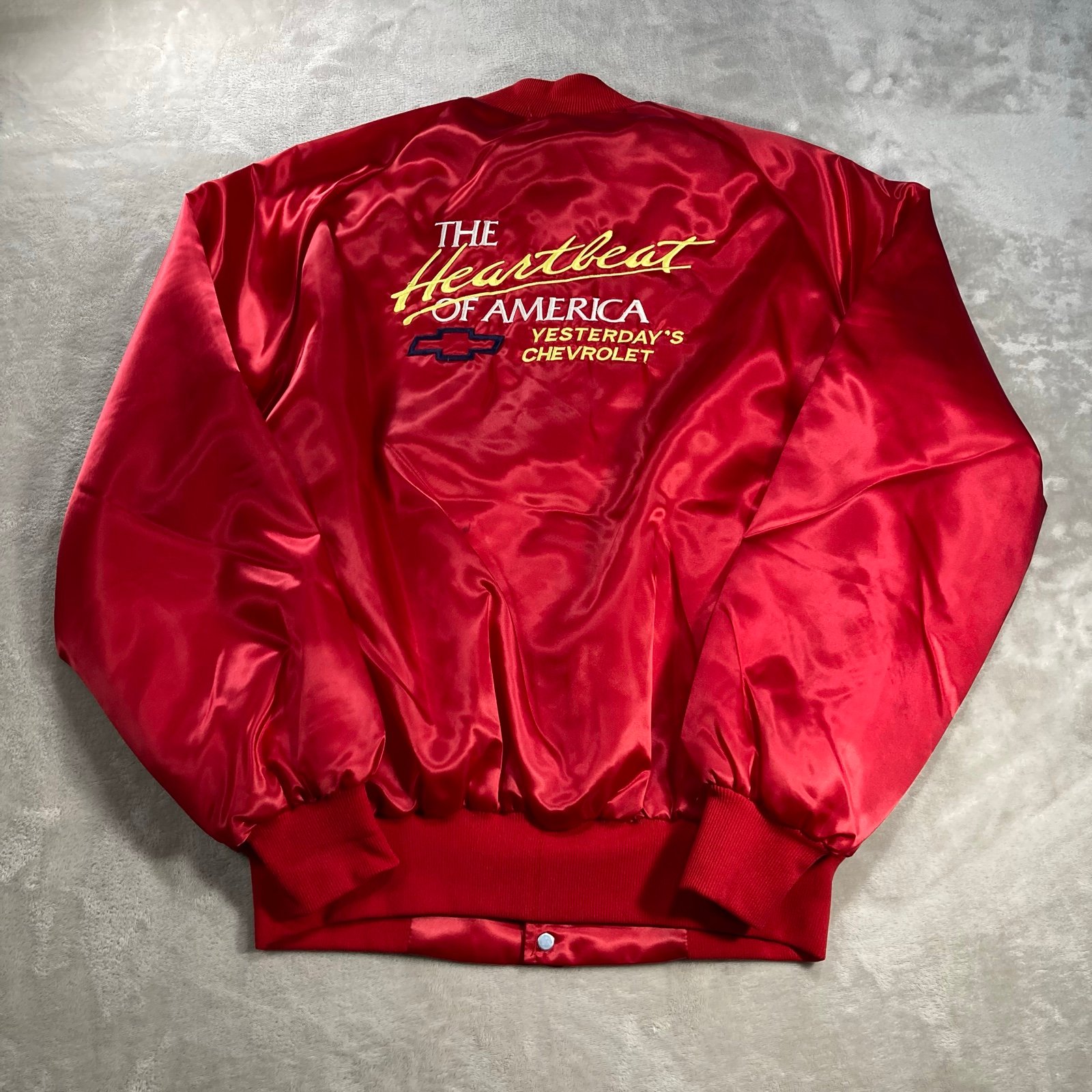 Vintage Chevrolet The Heartbeat Of America Satin Bomber Jacket Sz XL USA Made