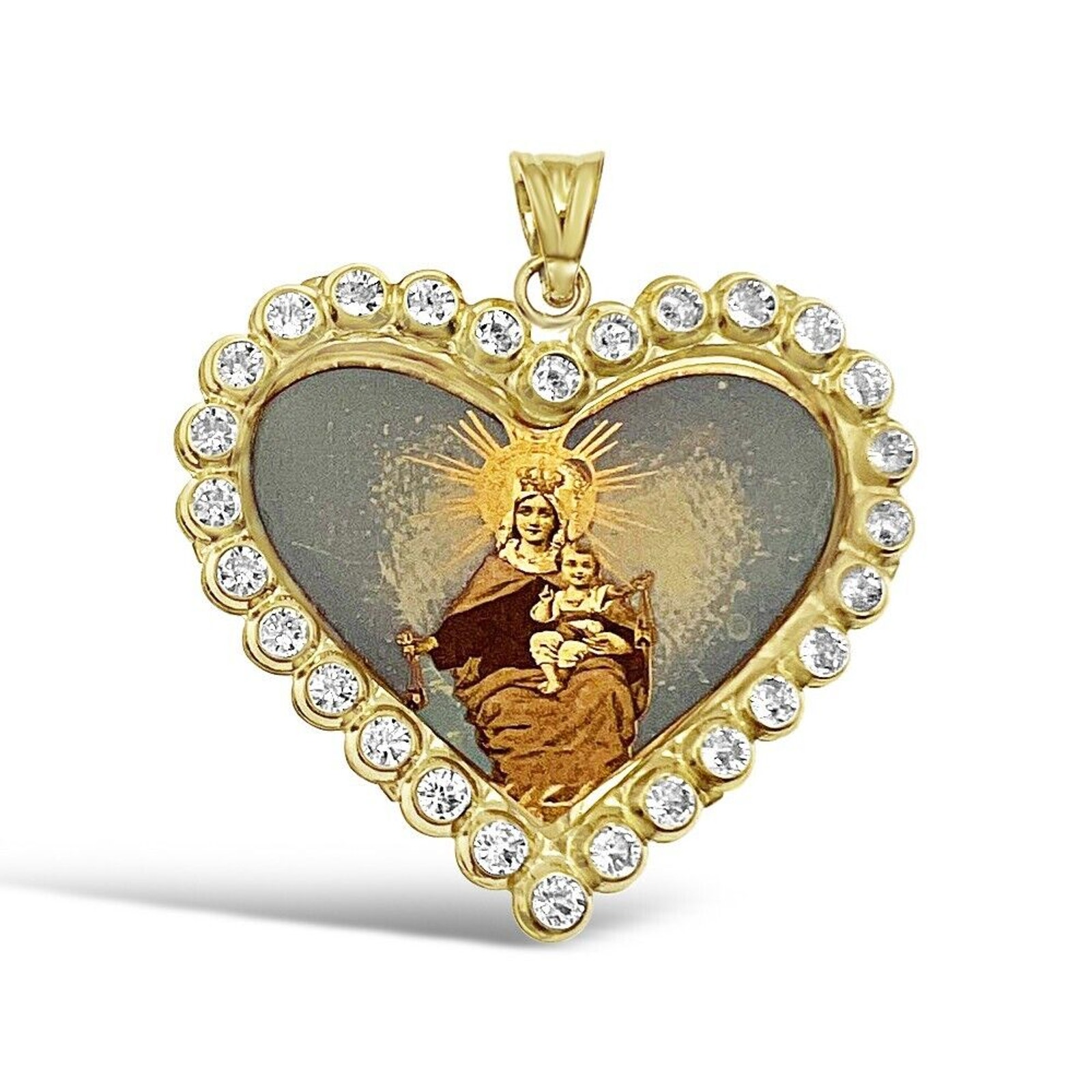 14k Gold Virgin Mary Baby Jesus Pendant Lady Guadalupe Charm Heart 1.2