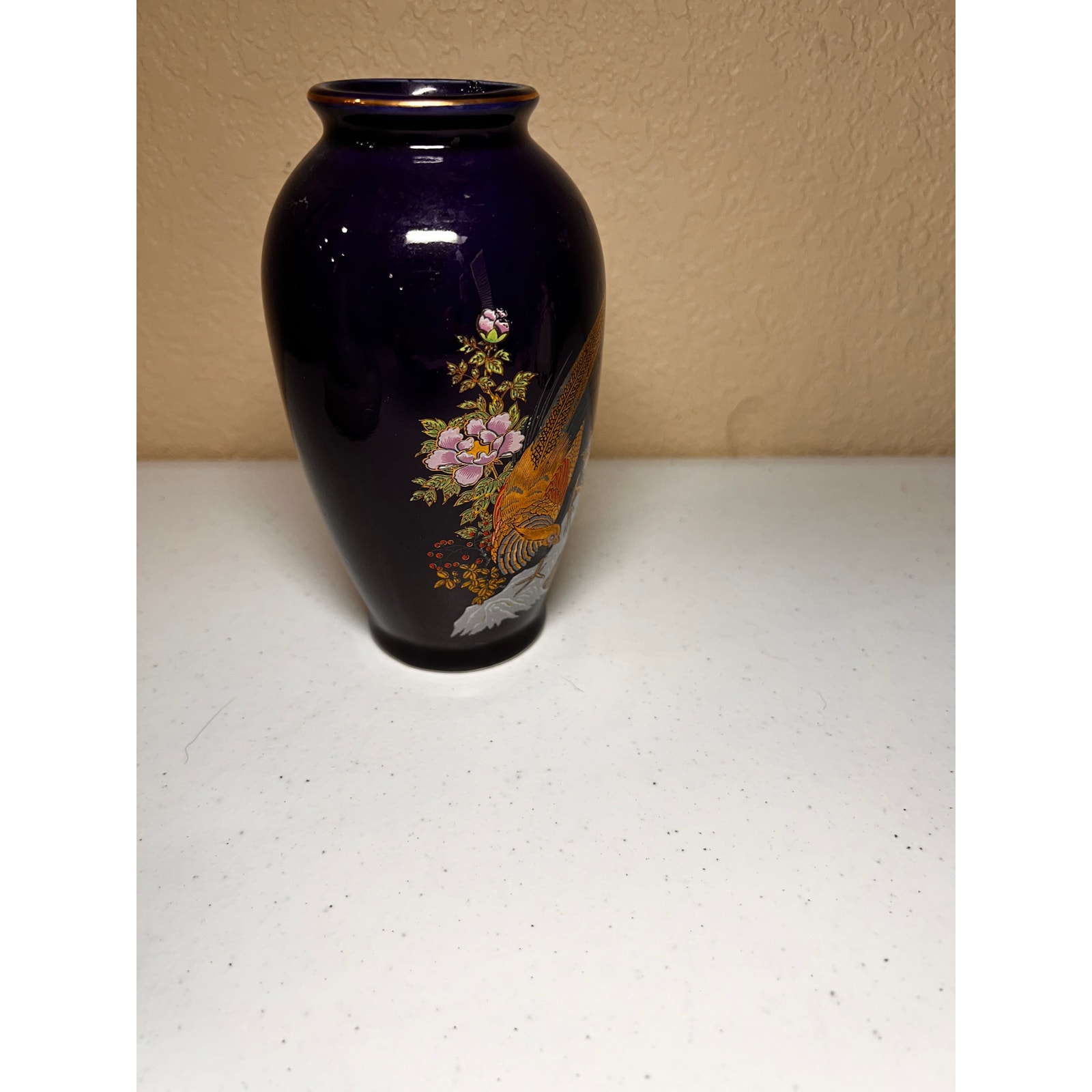 Kutani Vase Vintage Gold Trim Peacock Pheasant Cobalt Blue Floral Gold 6 1/2