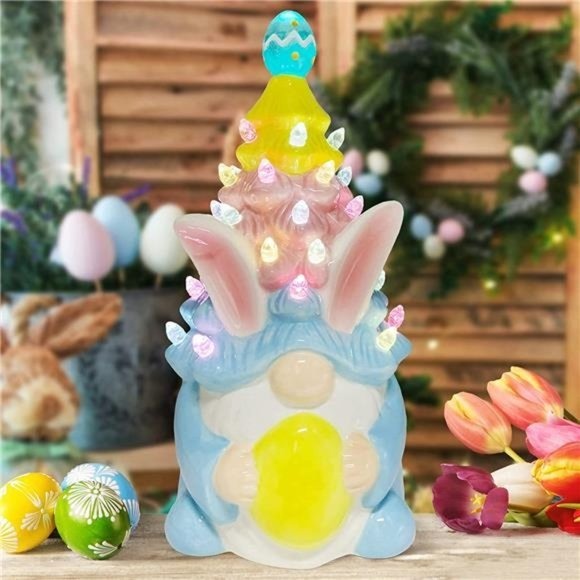 Gnome Easter Ceramic Tree, Lighted Bunny Gnome Easter Decorations