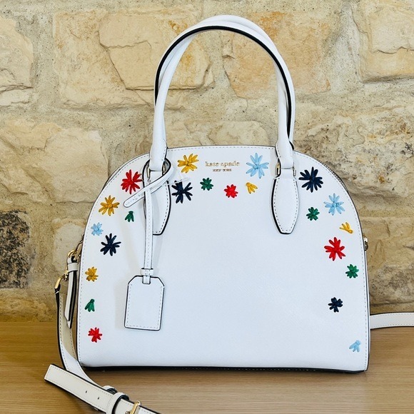 Kate Spade Dome Satchel Leather Reiley Raffia Bright White NWT Authentic