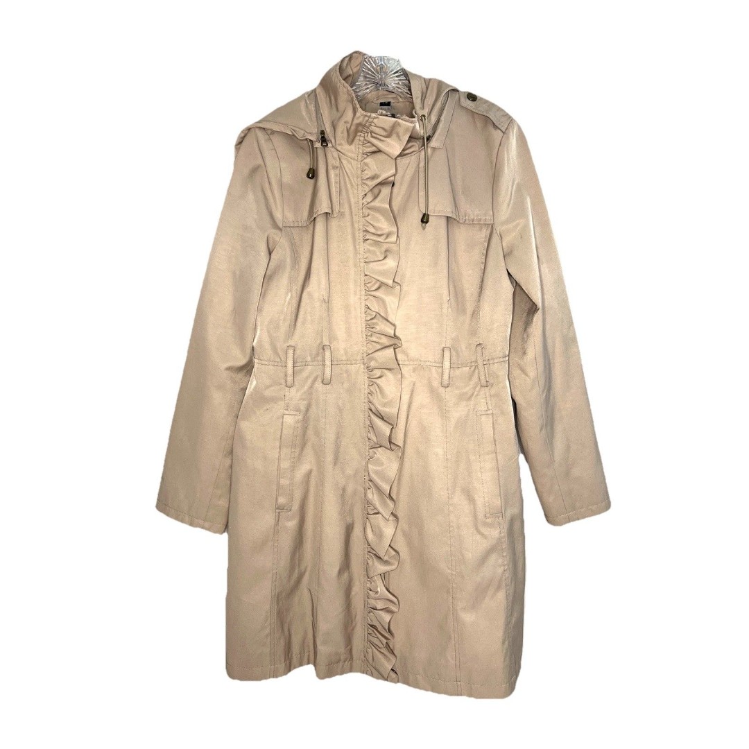 Guess Tan Ruffle Front Hooded Trench Coat Women’s Large Lined Front Zip No Belt