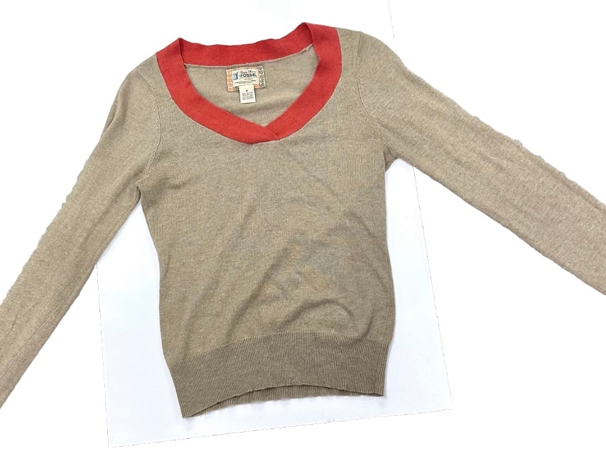 Fossil Knit Sweater V Neck Size M Women’s Tan & Orange MINT