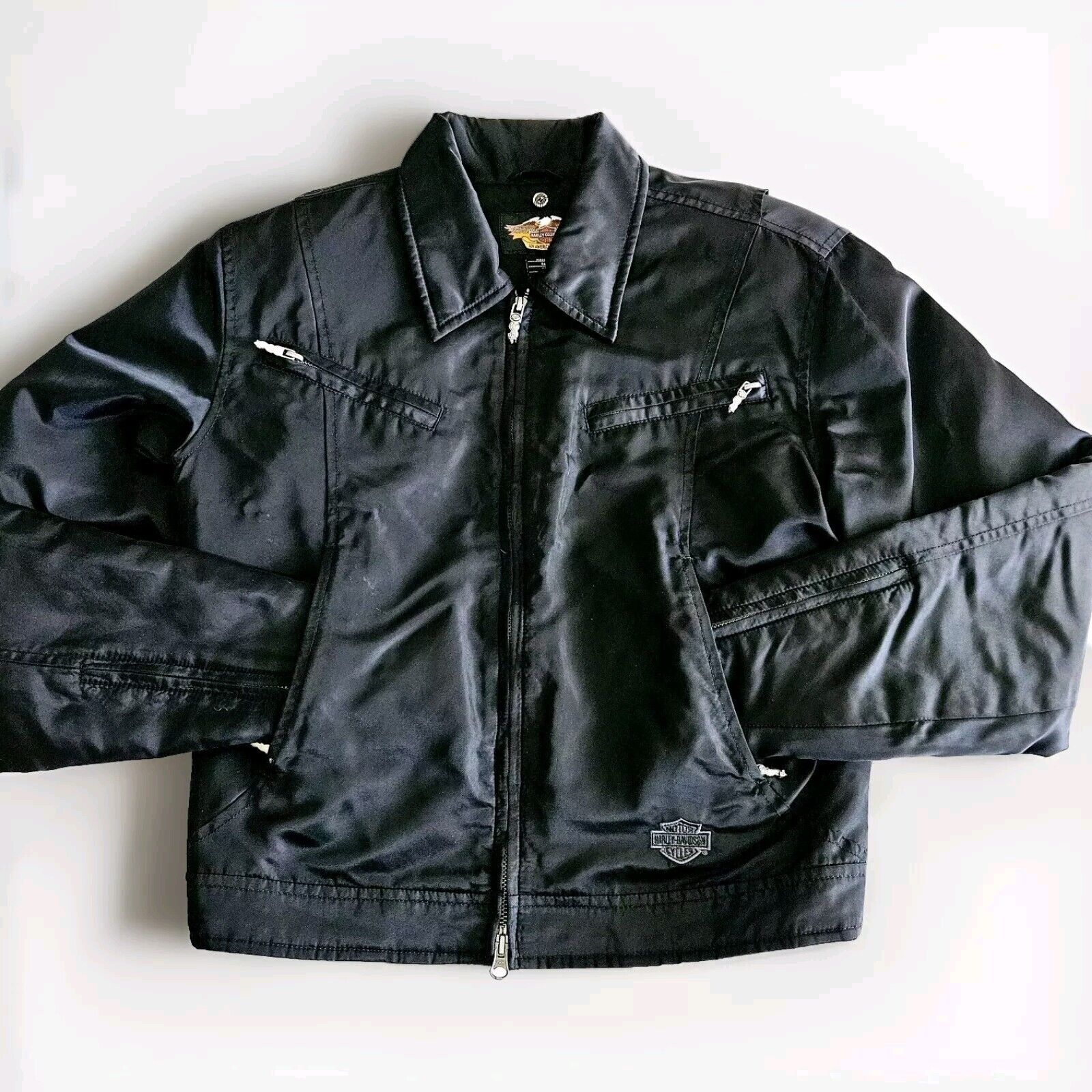 Harley Davidson Women Jacket Black Medium 100% Nylon Zipper Pockets Full Zip