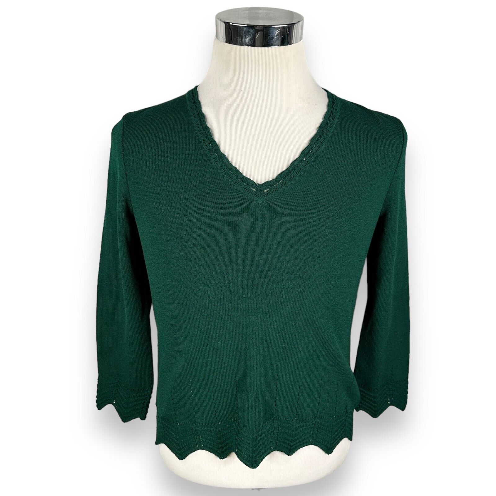 St John Sweater Women's Small Green Knitted Wool Long Sleeve Pullover V-Neck