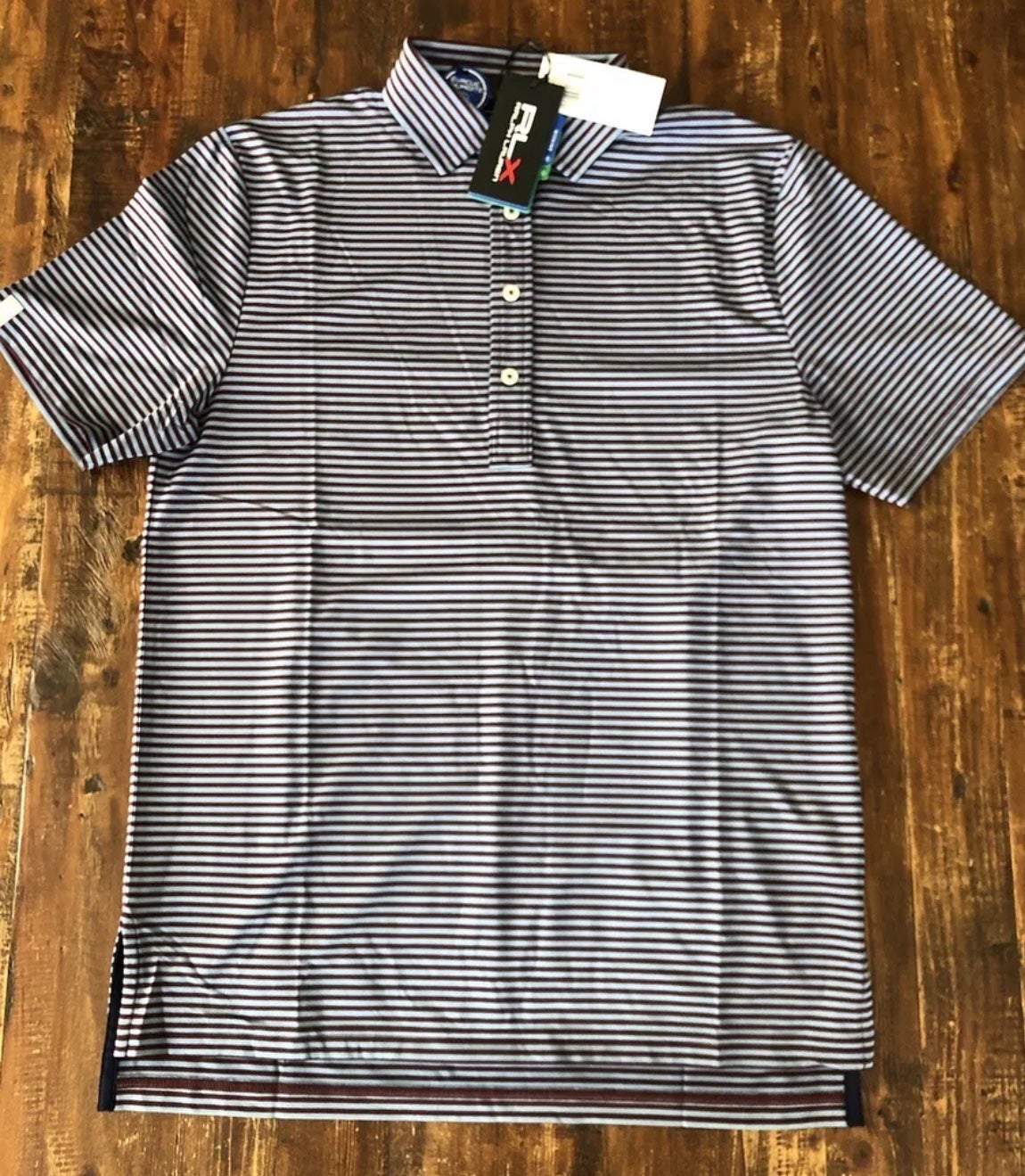RLX Ralph Lauren Men’s Blue And Brown Striped GOLF Polo Shirt NWT Size Small