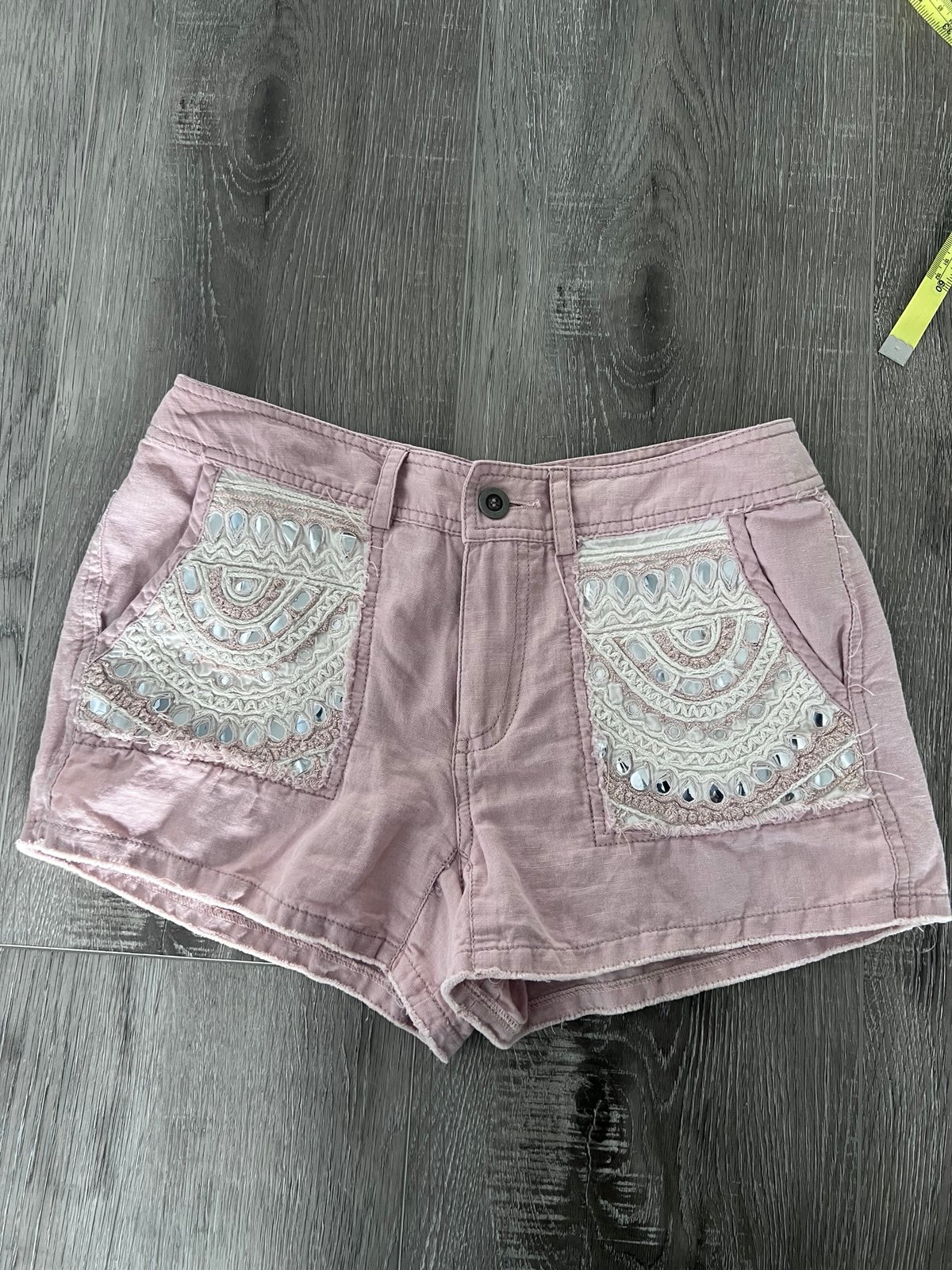 Free People Women's Pink Linen Boho Embellished Pockets Shorts