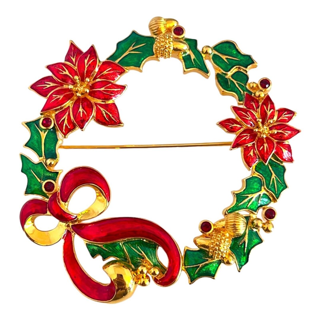 NEW Danbury Mint Pin Christmas Wreath Gold Plate Enamel Crystal Brooch 5Z
