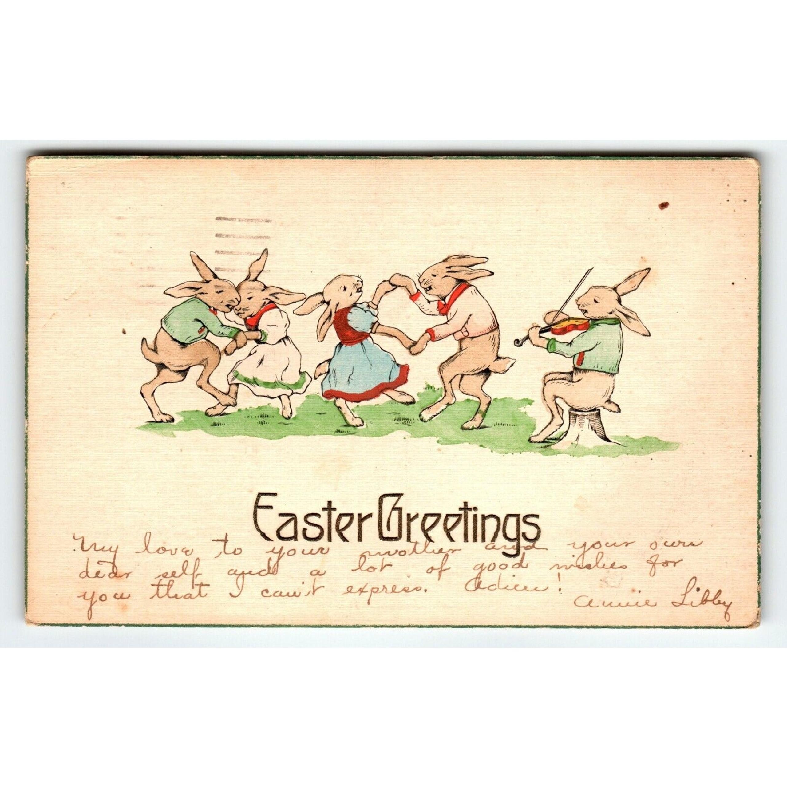 Easter Postcard Tuck Anthropomorphic Fantasy 3311 Dancing Dressed Bunny Rabbits