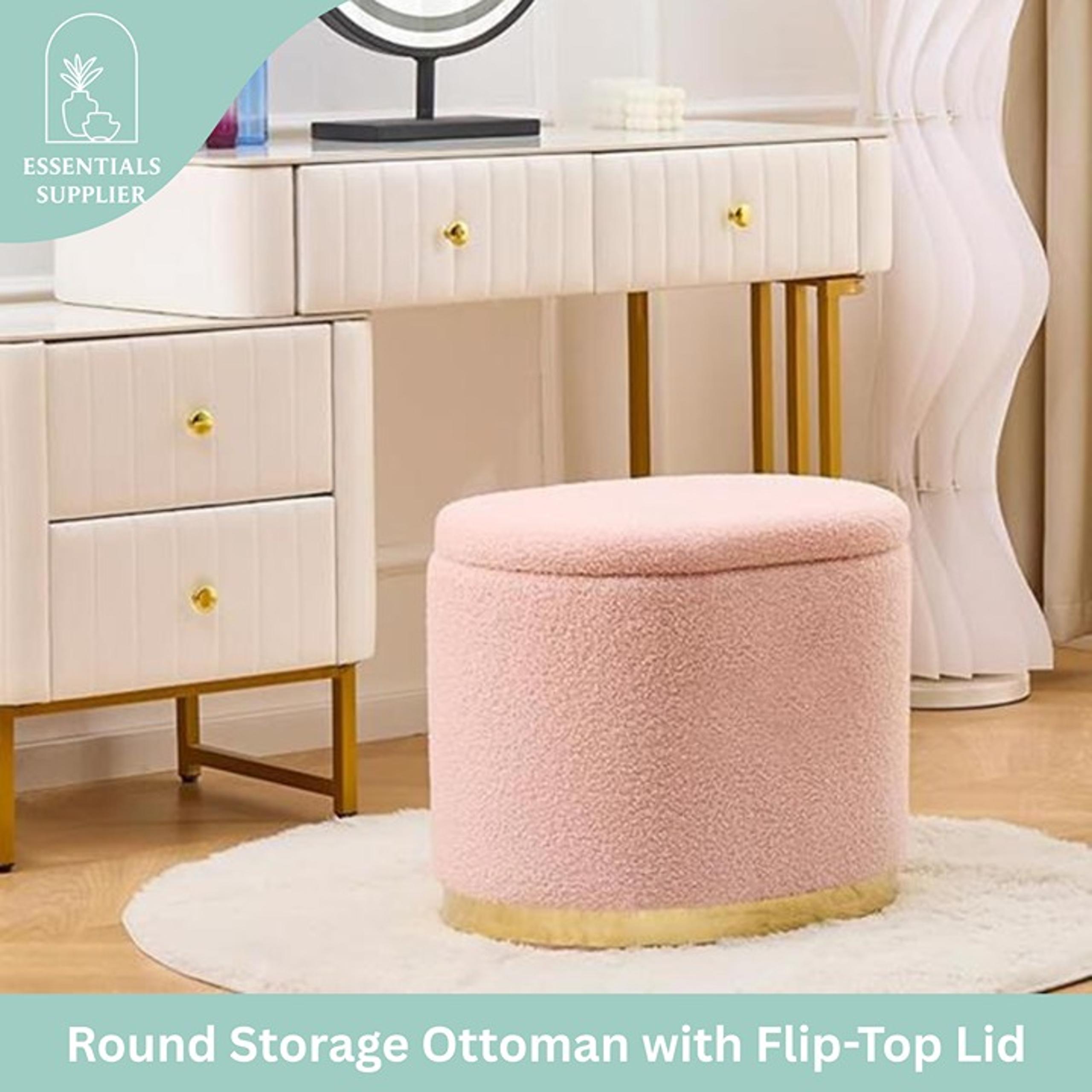 Round Storage Ottoman with Flip-Top Lid – Pink Upholstered Stool