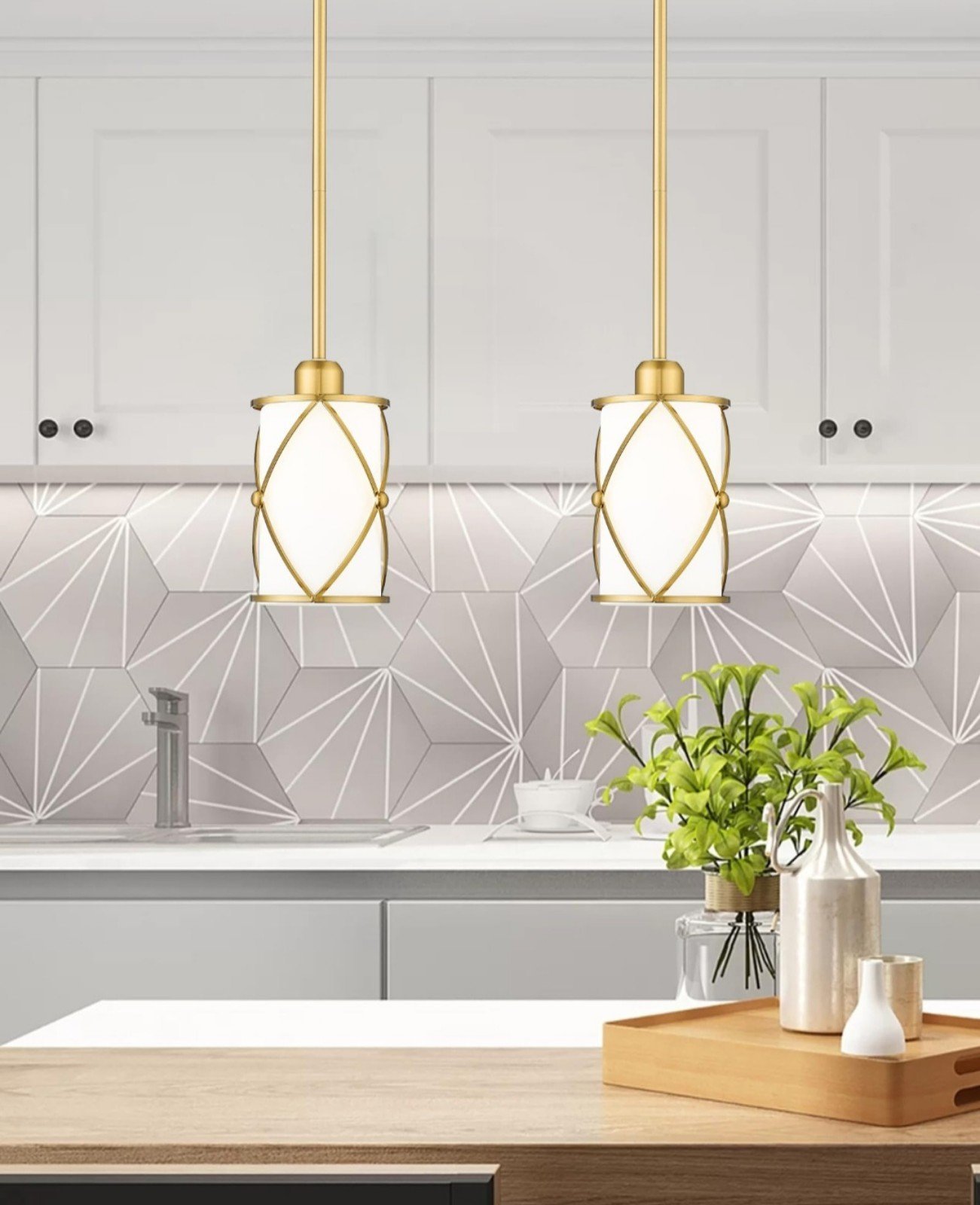 2 Pendant Lights with Frosted Glass, Farmhouse Mid Century