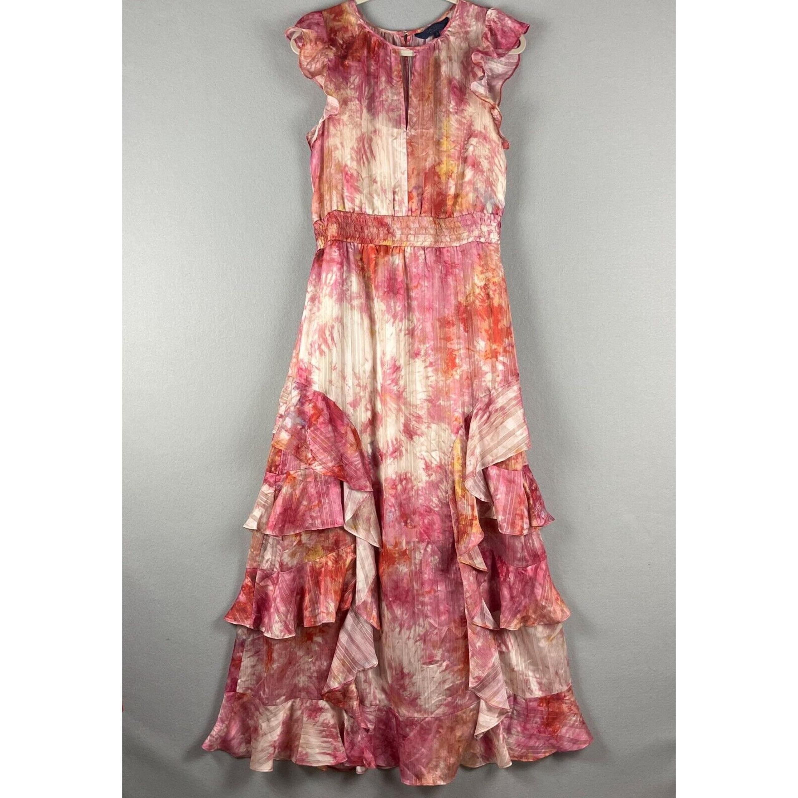 Rachel Rachel Roy Issa Tie-Dye Tiered Maxi Dress Womens 10 Pink Smocked Romantic