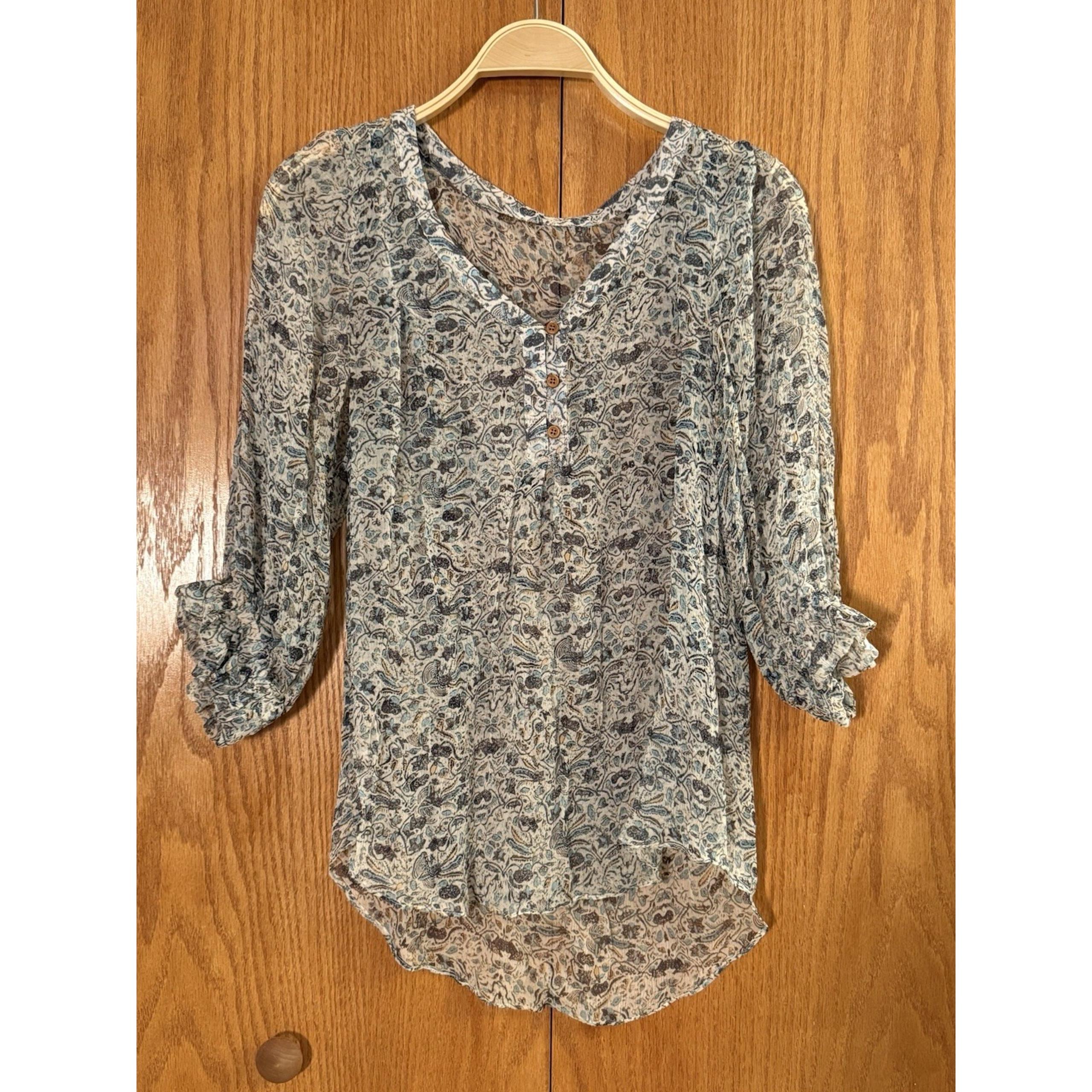 Blouse Top Wm S Small Blue Cream Leaf Floral Woods V Neck Sheer Boho Hippie