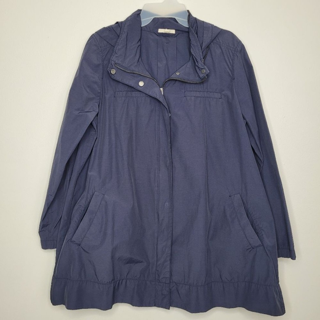 Eileen Fisher Navy Wind/Rain zip snap front pockets hood jacket size large
