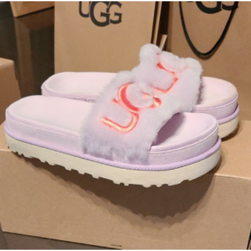 NWOT UGG Women's Laton Platform Fur Slide Purple and Coral