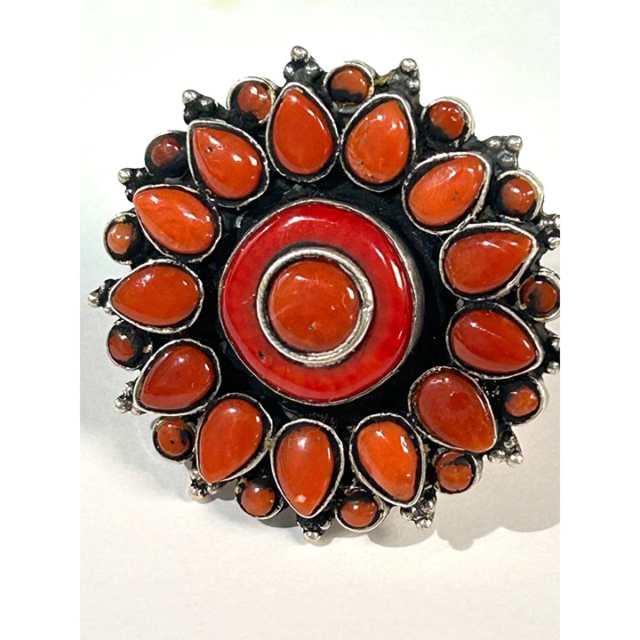 Vintage Red Orange Coral Silver Size 8 Ring Handmade Boho Statement Sunburst