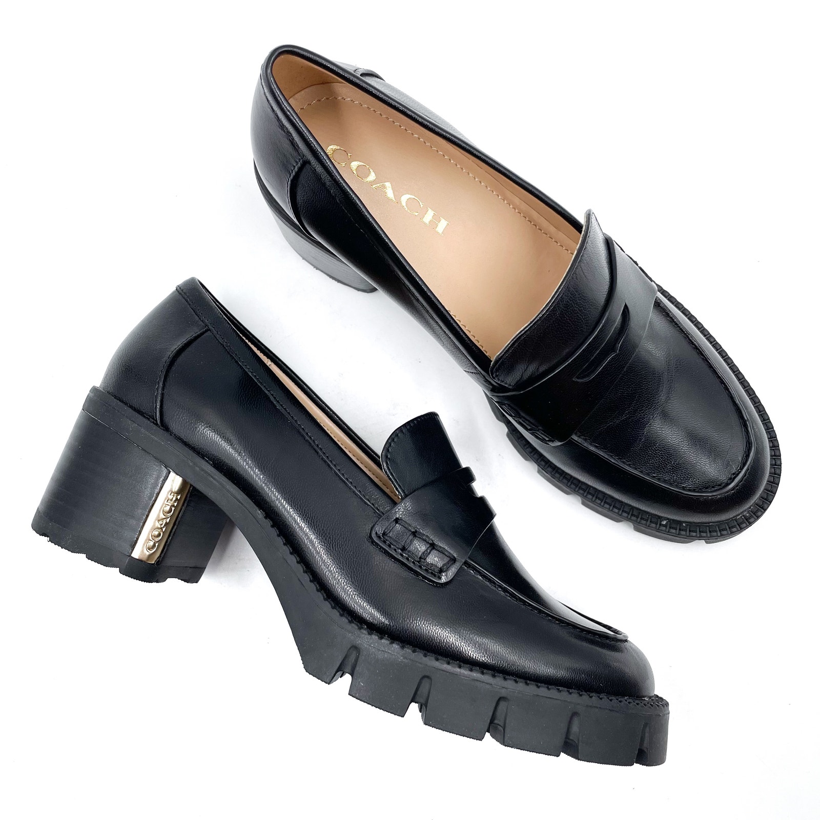 Coach Cora Loafer Pump Black Leather Chunky Heel Round Toe Slip On Sz 36.5 / 6