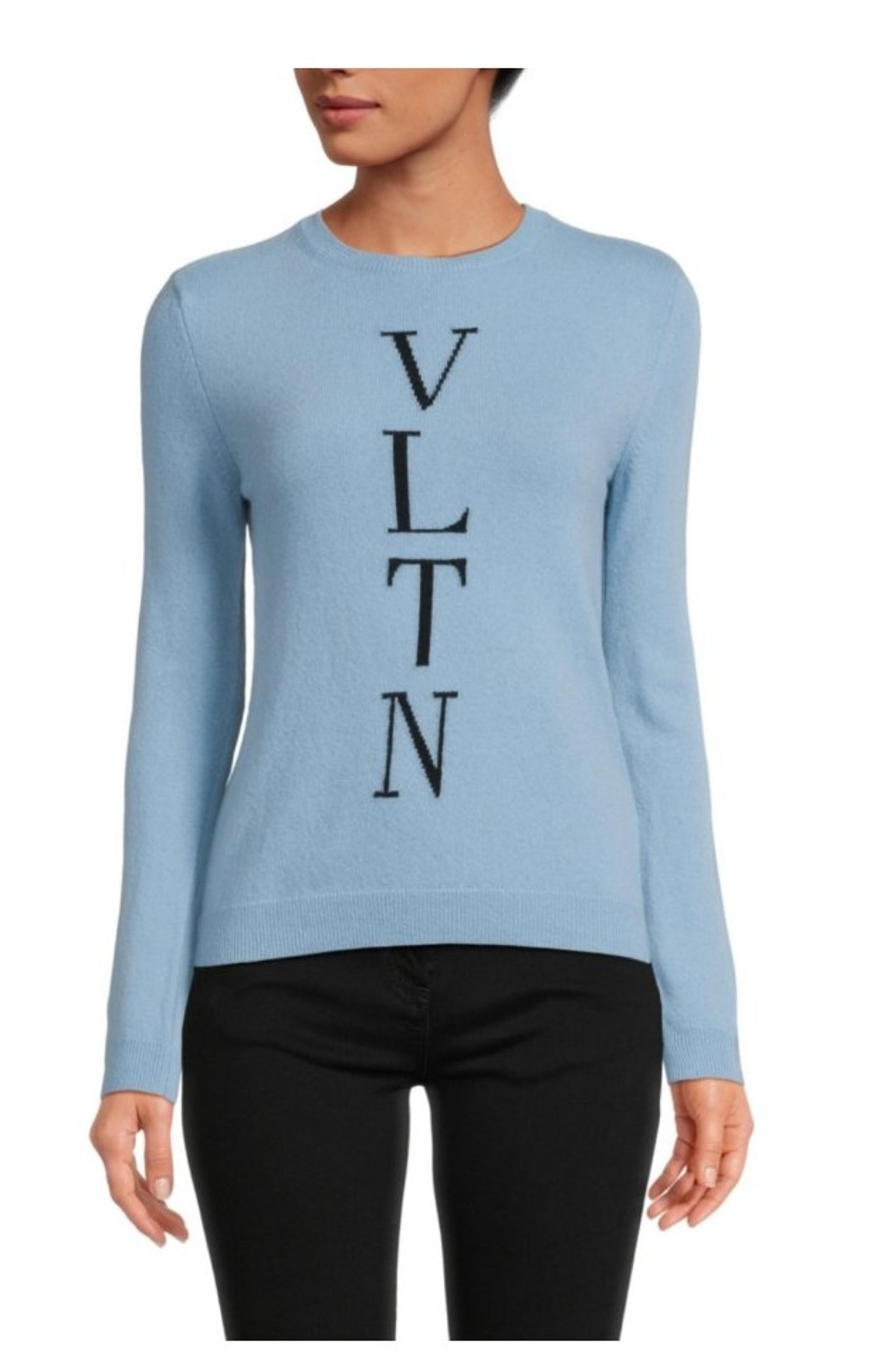 VALENTINO (42) US Size 6 Blue Black  Logo Crewneck Wool Sweater MSRP $1355.00