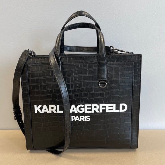 KARL LAGERFELD PARIS Logo Croc Embossed Leather Tote - Black - NWT