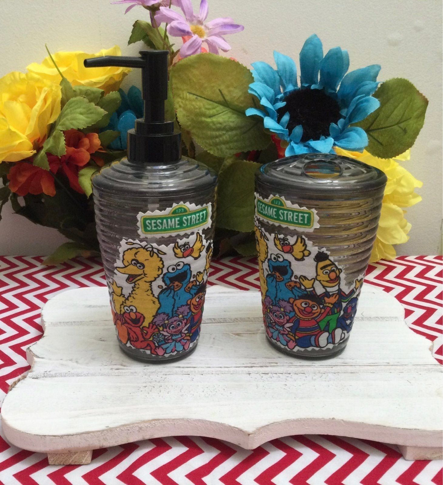 Elmo soap dispenser/Elmo bathroom accessories/ Big bird toothbrush holder.