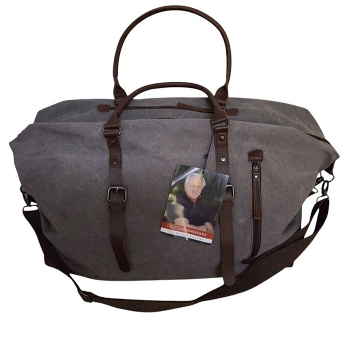 NEW Greg Norman Canvas Leather Duffle Bag Carry On Traveler Gray Weekender