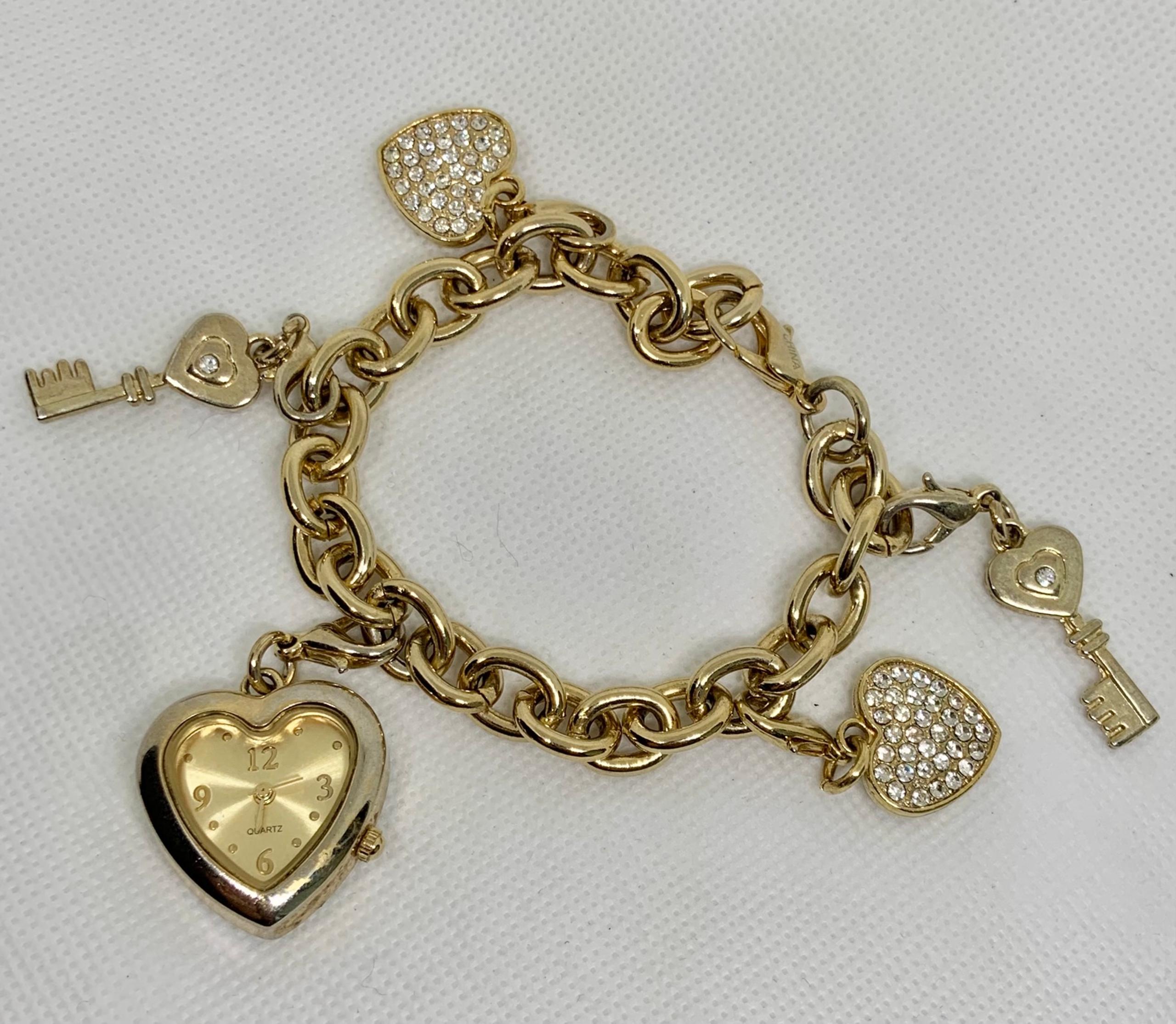 Geneva women Heart shaped Watch gold tone hearts keys Charm chain running