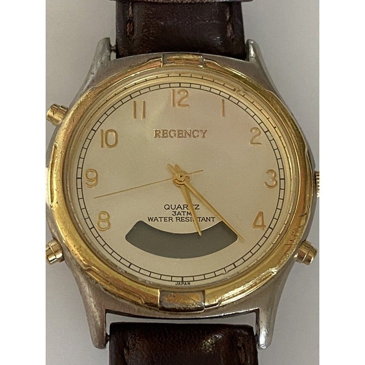 Regency Men's Brown Leather Stainless Steel Water Resistant Quartz Battery Watch