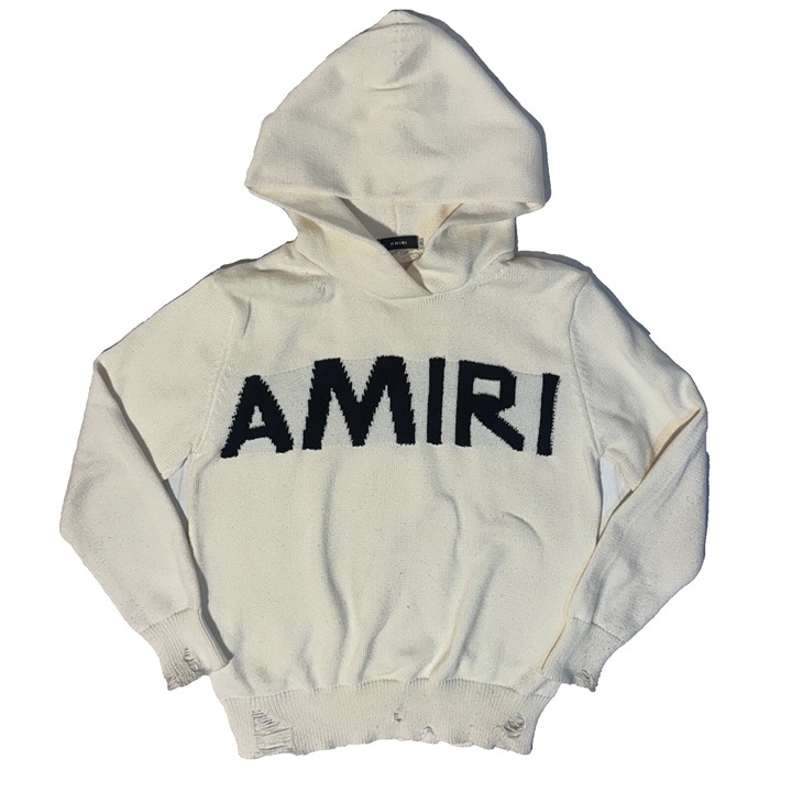 Amiri Eyebrow Logo Knit Hooded Sweater Pullover - M Beige Cream Distressed