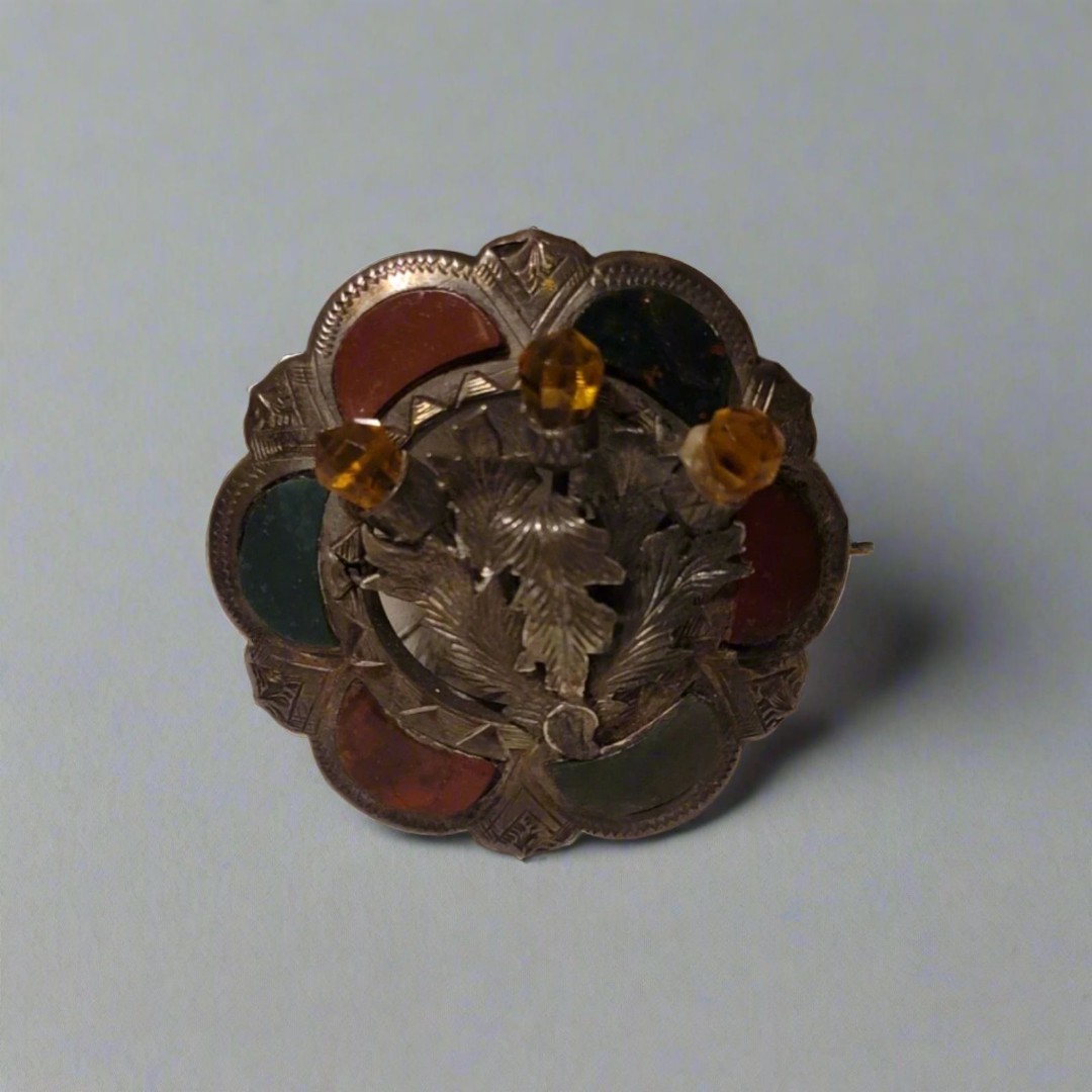 Antique Victorian Scottish Agate Cairngorm Thistle Brooch
