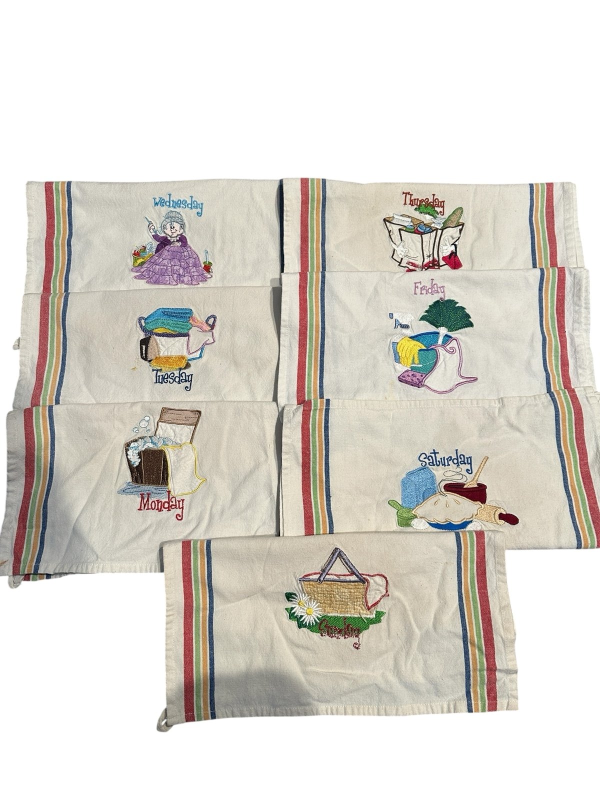 Vintage 7 Days Of The Week Embroidered Flour Sack Dish Towels 25 L x 17 W