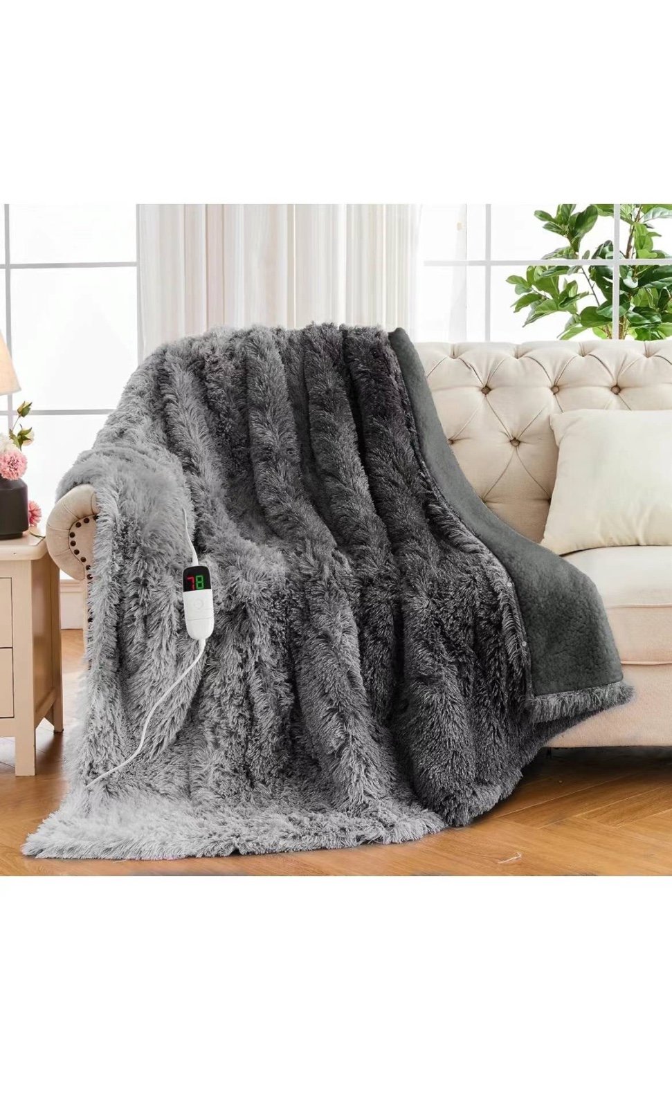 Heated Electric Blanket Faux Fur Throw Size with Fluffy Sherpa Back