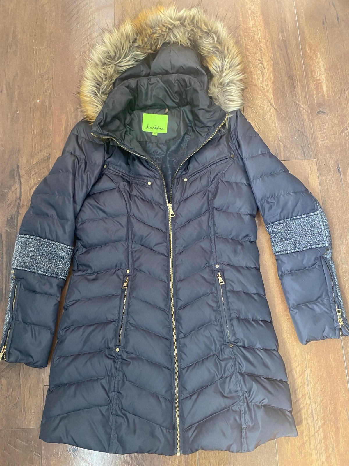 Sam Edelman Hooded Faux Fur Puffer Jacket Above Knee Length Black XSmall
