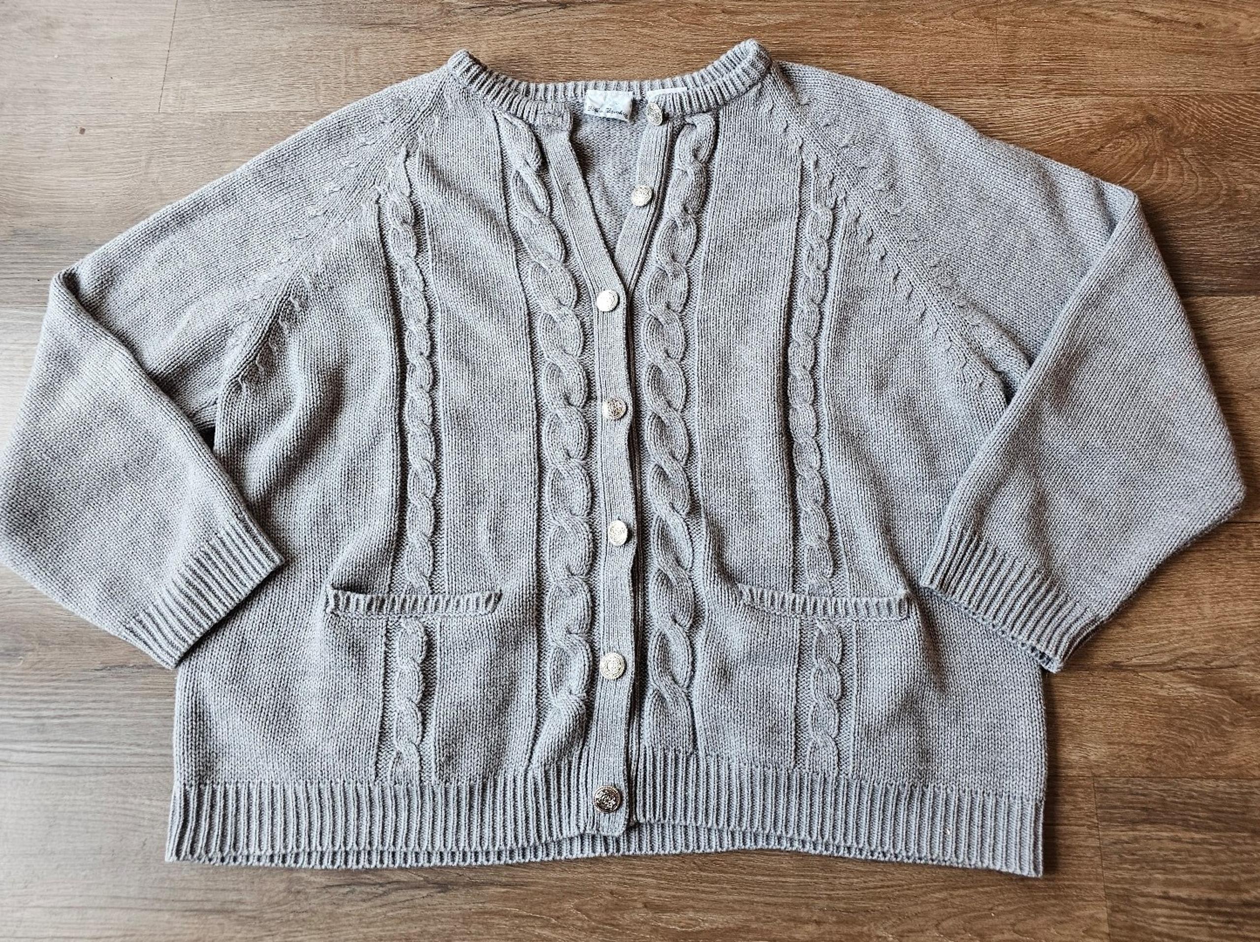 Vintage Bobbie Brooks Gray Cable Knit long cardigan sweater Metal buttons sz XL