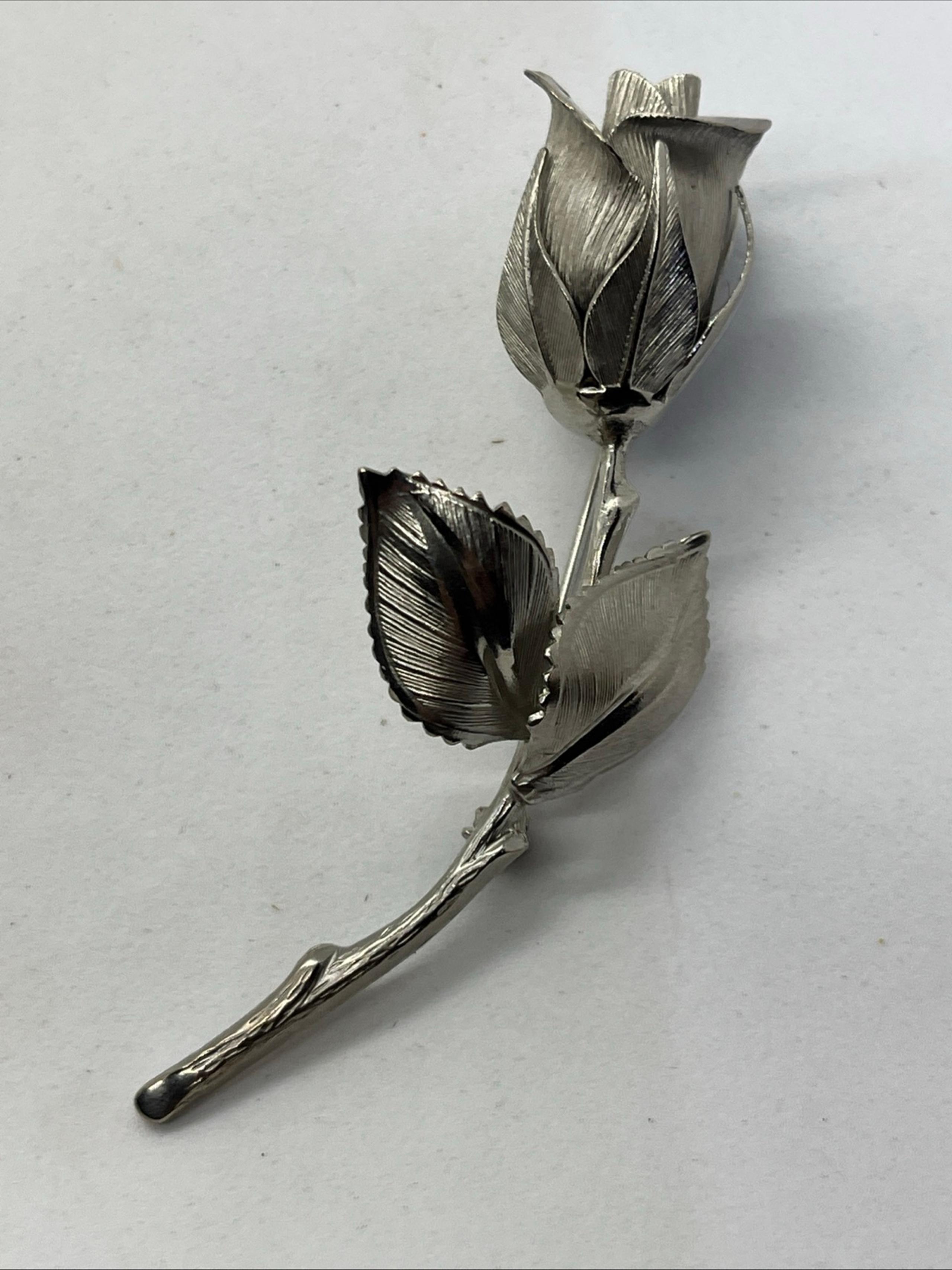 Vintage GIOVANNI Long Stem Rose Flower Brooch Pin Silver Tone 3” Signed