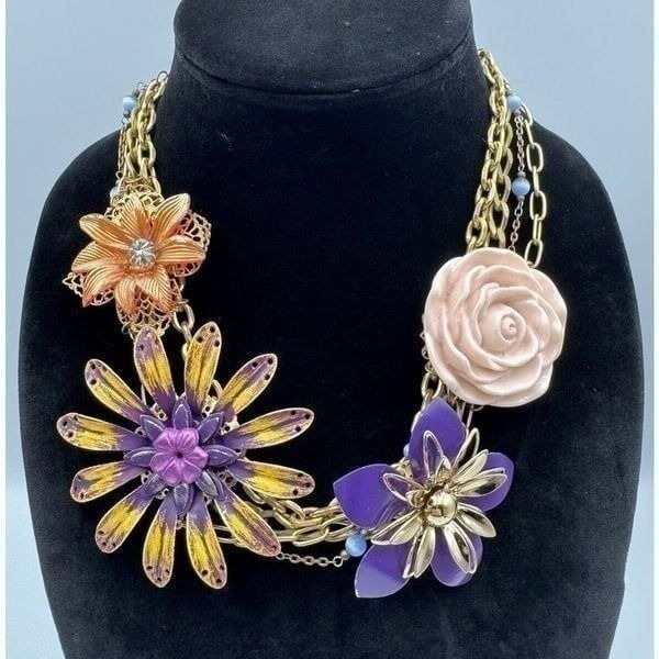 Lenora Dame Floral Multi-Strand Chains Blue Cats Eye Funky Haute Bohemian Piece