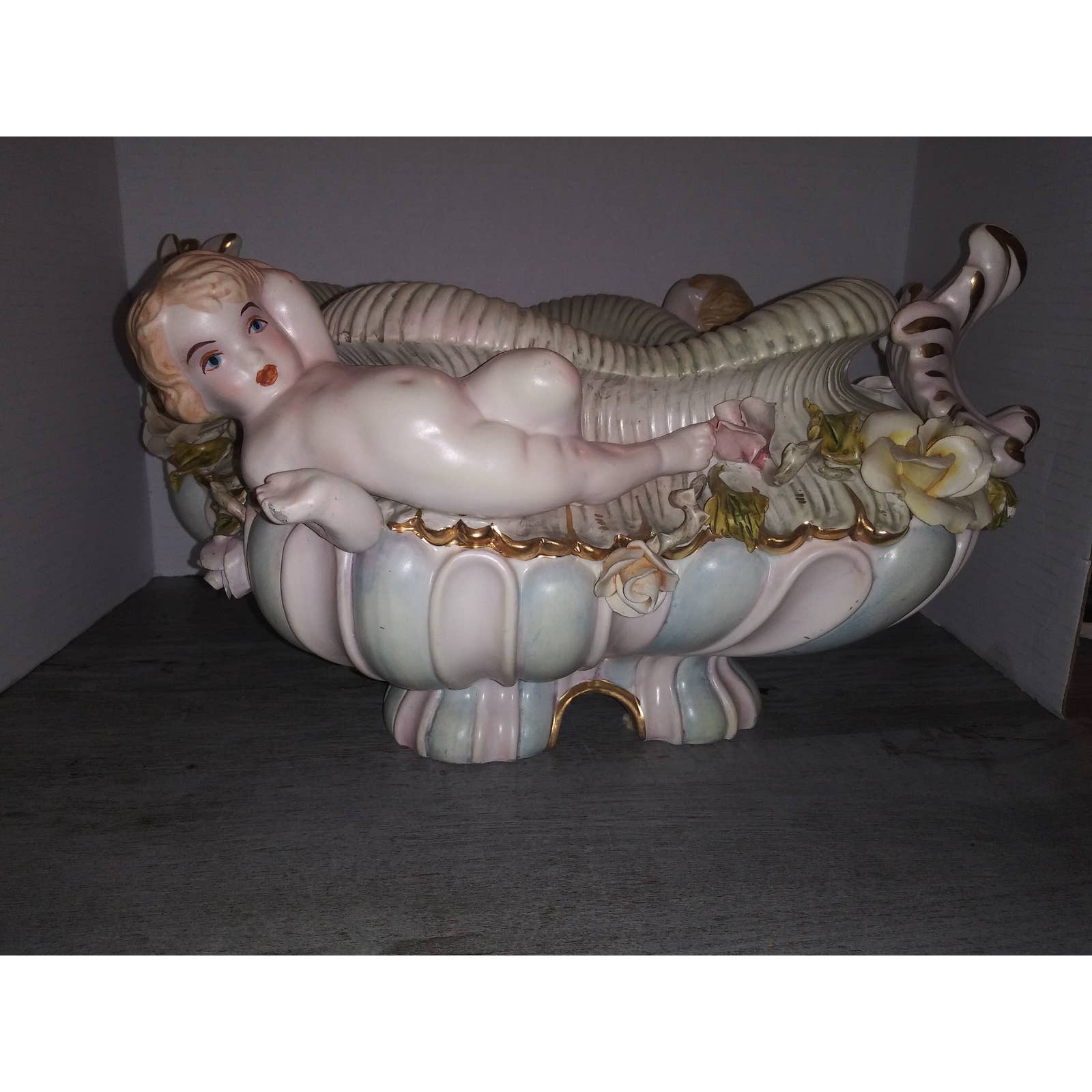 Cherub and Roses Centerpiece Antique Bowl Made in Italy 16 x 14 x 8 