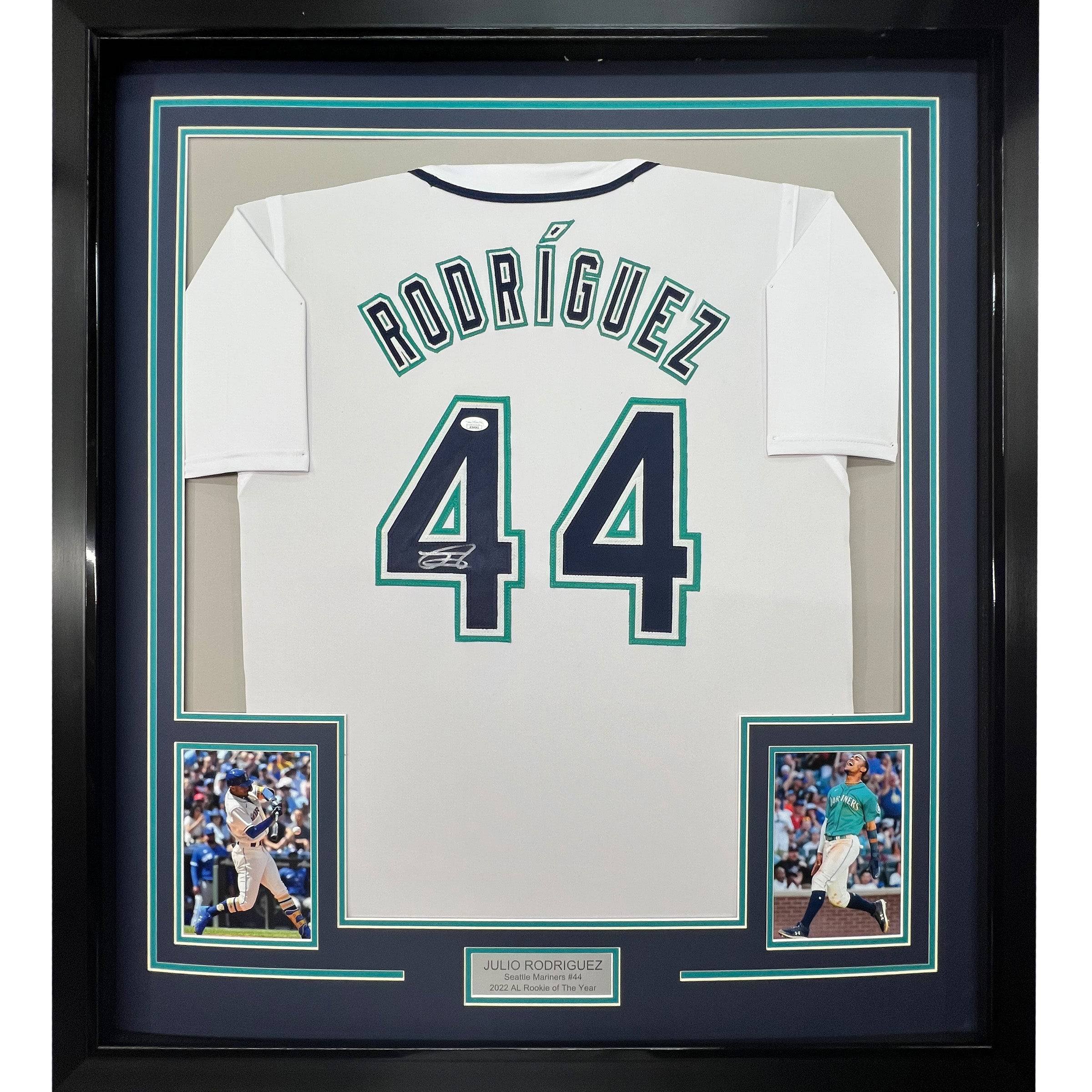Framed Autographed/Signed Julio Rodriguez 35x39 Seattle White Jersey JSA COA