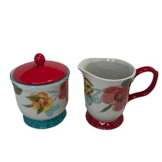 Pioneer Woman Vintage Bloom 3 Pcs Sugar Bowl w/ Lid and Creamer Set