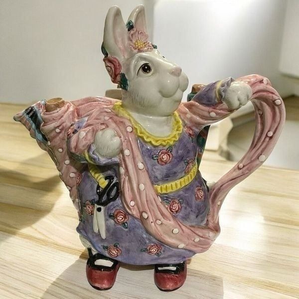 Fitz And Floyd Whimsical Seamstress Rabbit Tea Pot 1995RARE Bunny Love