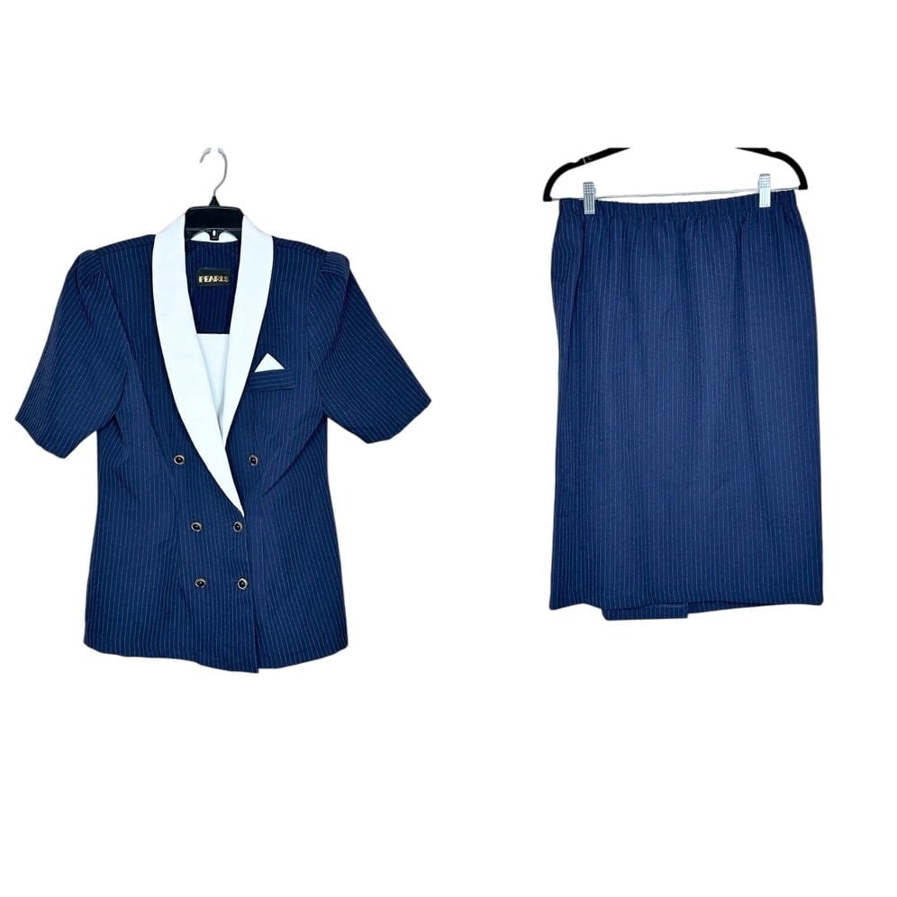 Pearls Pinstripe Skirt Suit Set Short Sleeve Blazer Vintage Size 16 Office Nice